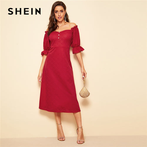 SHEIN Red Button Front Ruffle Flounce Sleeve Off the Shoulder Flare Vintage Dress Women Spring Summer Solid Long Party Dresses