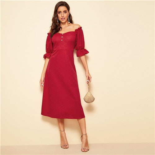 SHEIN Red Button Front Ruffle Flounce Sleeve Off the Shoulder Flare Vintage Dress Women Spring Summer Solid Long Party Dresses