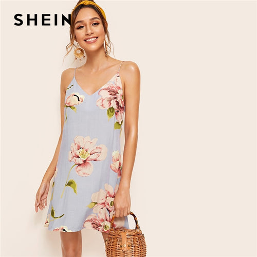 SHEIN Blue Floral Print Double V Neckline Cami Summer Dress Women Boho Dress Ladies Spaghetti Strap Straight Slip Short Dresses