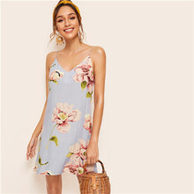 Load image into Gallery viewer, SHEIN Blue Floral Print Double V Neckline Cami Summer Dress Women Boho Dress Ladies Spaghetti Strap Straight Slip Short Dresses