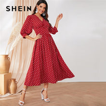 Load image into Gallery viewer, SHEIN Burgundy Polka Dot Wide Waistband Button Detail Maxi Dress Women Elegant V Neck Bishop Sleeve Long Dress Party Dresses