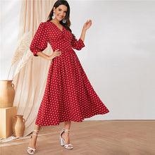 Load image into Gallery viewer, SHEIN Burgundy Polka Dot Wide Waistband Button Detail Maxi Dress Women Elegant V Neck Bishop Sleeve Long Dress Party Dresses